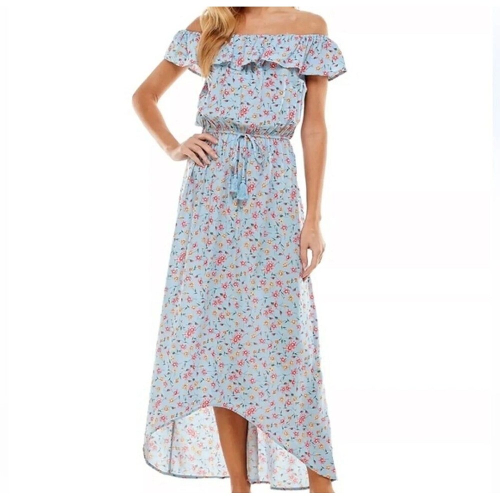 Kingston Grey Floral Ditsy Ruffle Off Shoulder High-Lo Tassel Tie Maxi Dress L